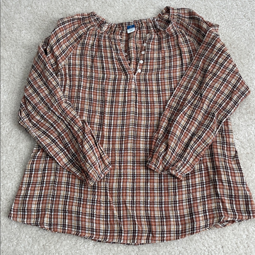 100% cotton Old Navy autumnal plaid balloon sleeve top size XS